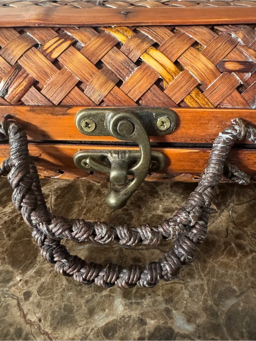 Vintage Woven Wood Storage Box / Trinket Case with Braided Handle